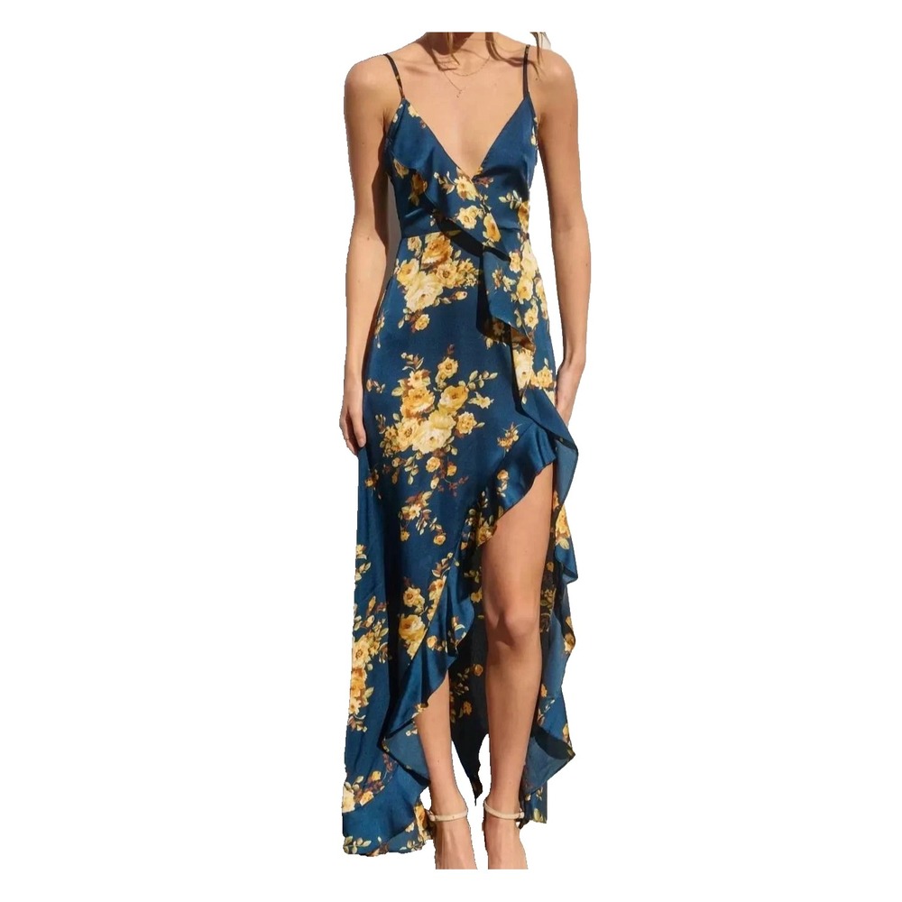 Dress Forum Asymmetrical Ruffle Dress Size L Blue Satin Hi-Low Adjustable Straps